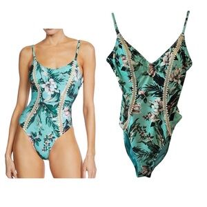 Robin Piccone "Mai" Inset Plunge Floral Crochet Boho One Piece Swimsuit SZ 14